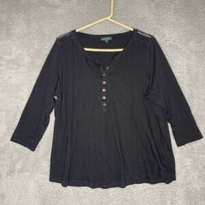 LRL lauren ralph lauren black quater sleeve lace button shirt stretch plus 1X